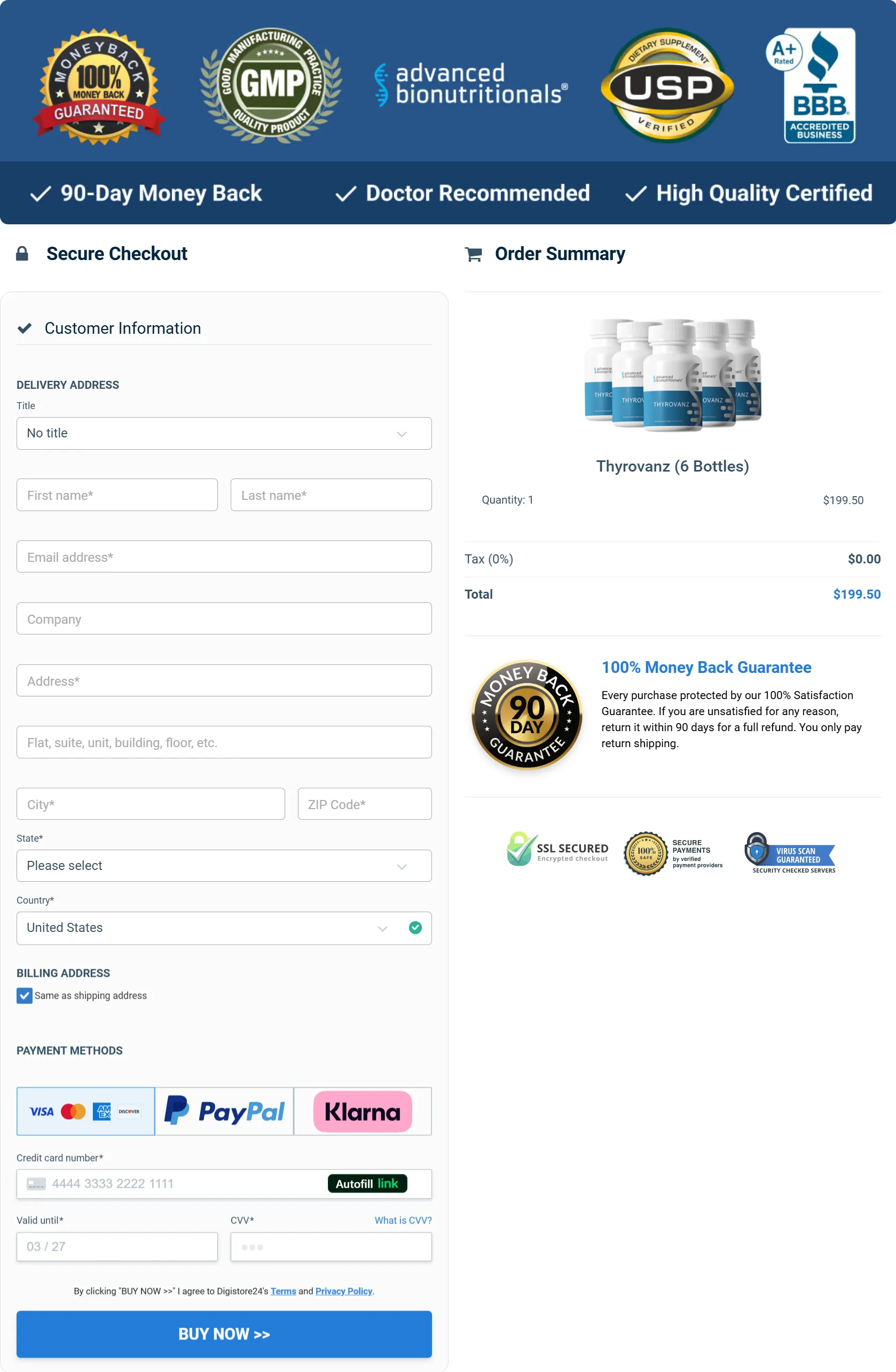 Thyrovanz checkout page
